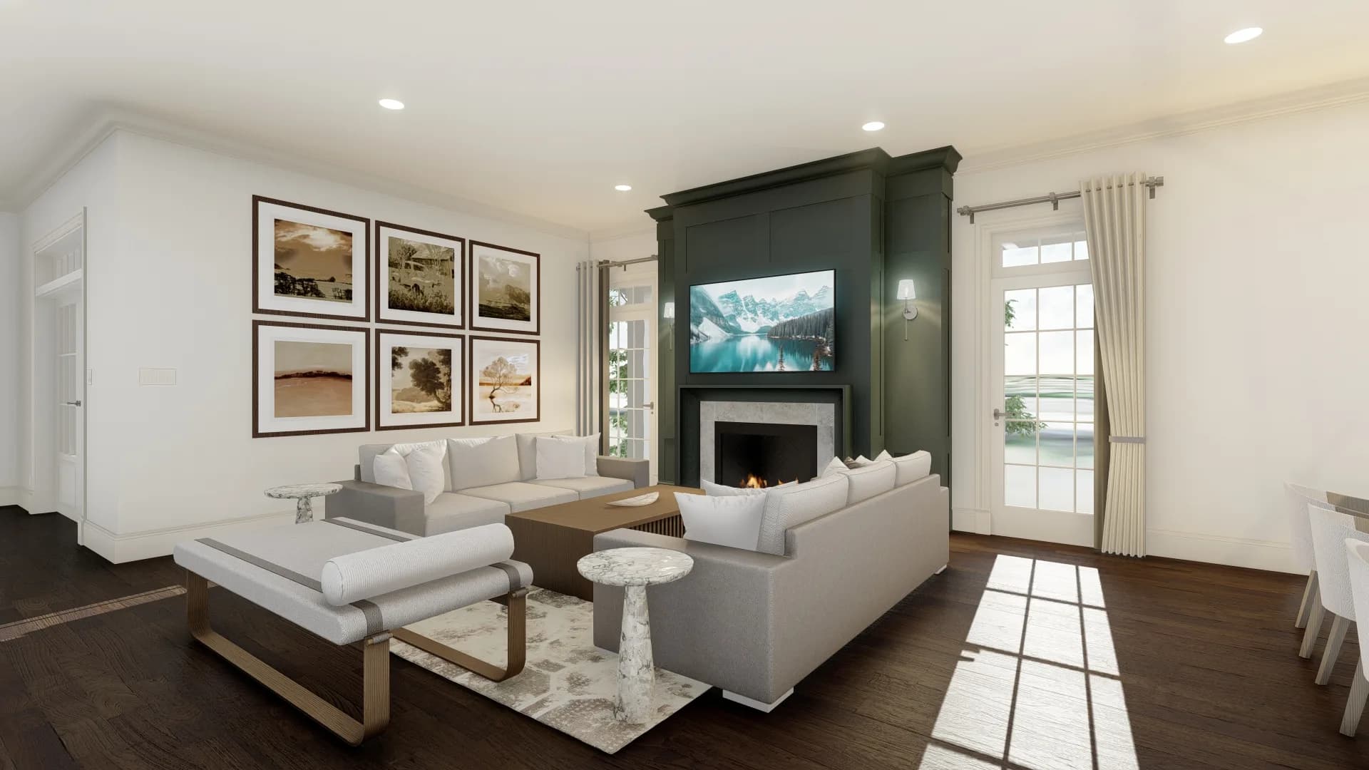 Great room rendering — fireplace in deep green millwork, white oak floors