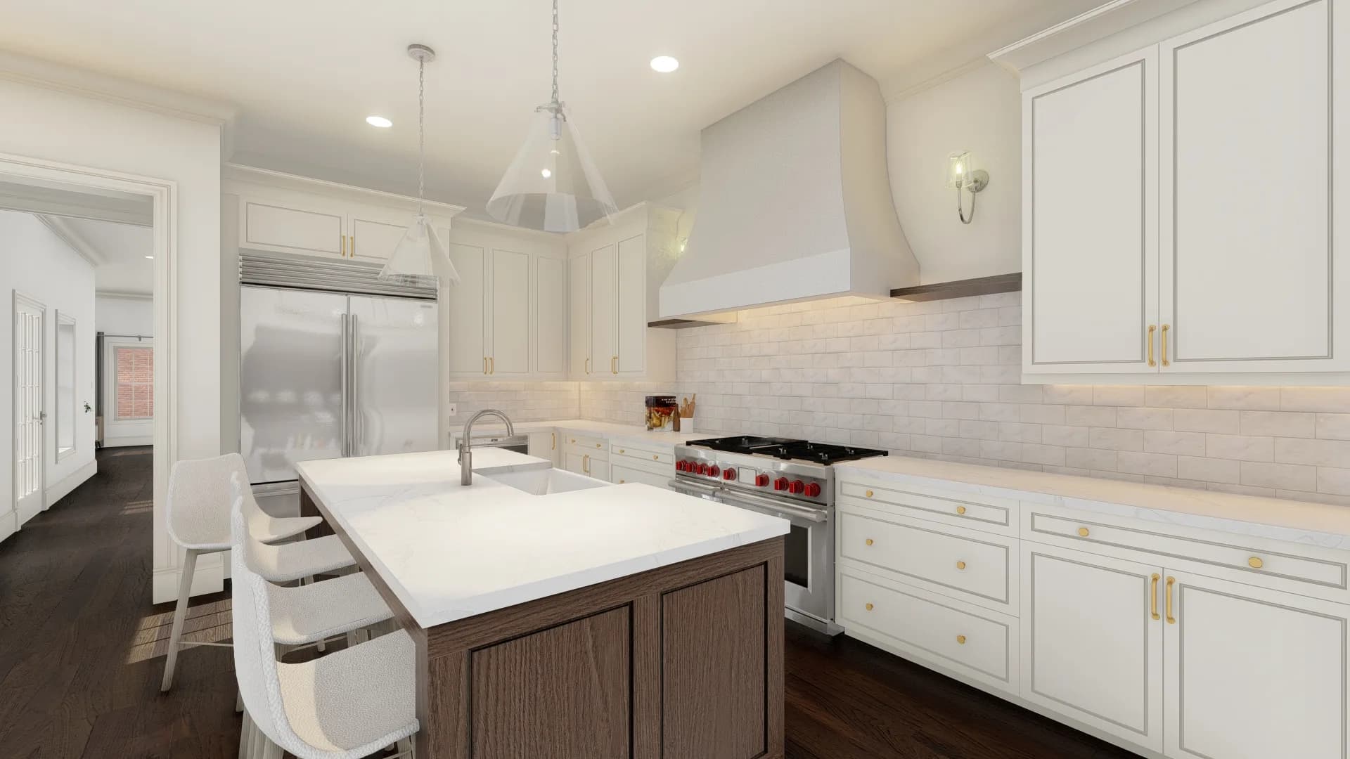 Kitchen rendering — Wolf range, custom hood, marble backsplash, oak island