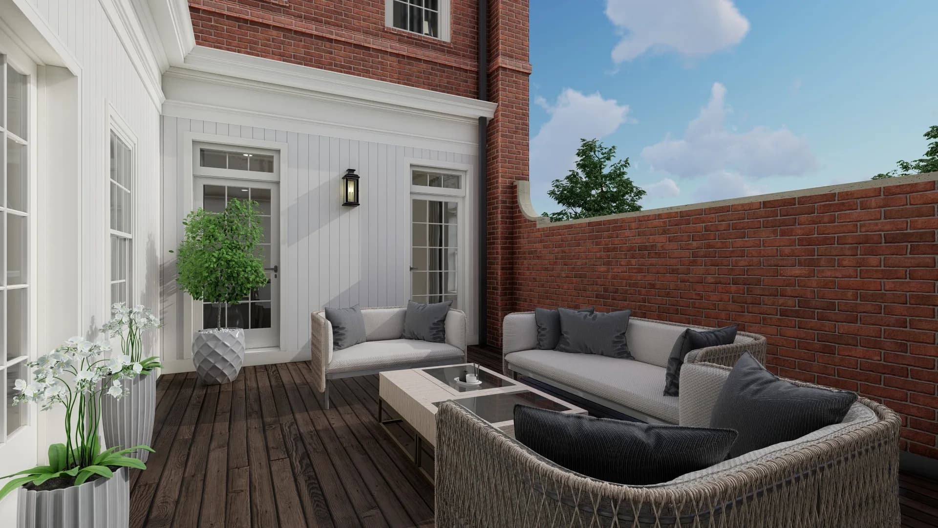 Private walled courtyard rendering with gas lantern