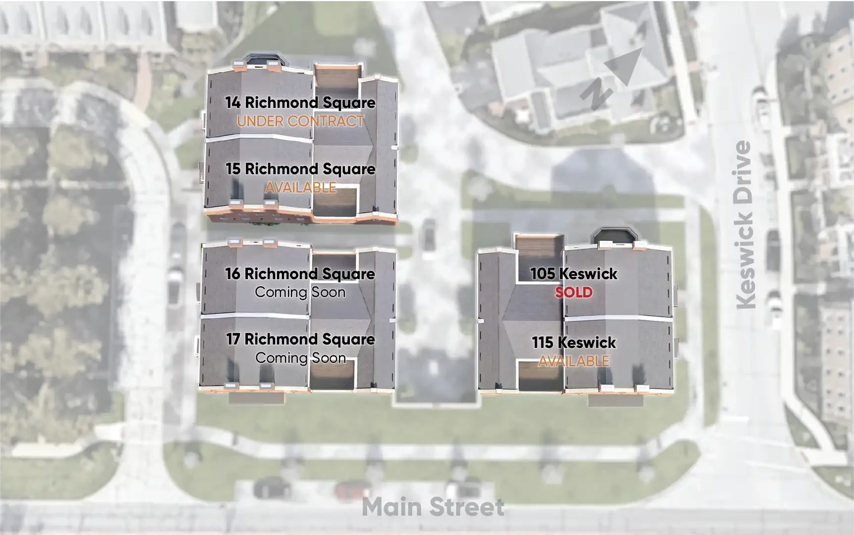 Richmond Square site plan showing all six residences along Main Street and Keswick Drive in New Albany, Ohio